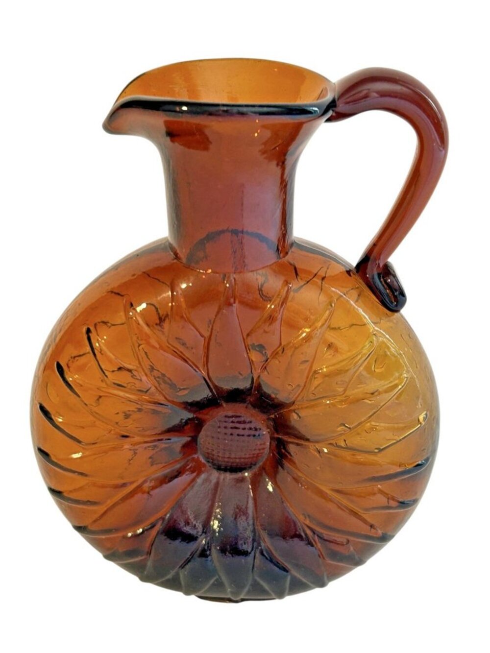 Mid  Century Glass Clevenger Bros Sunflower Amber Art glass Disc Pitcher 6.25"